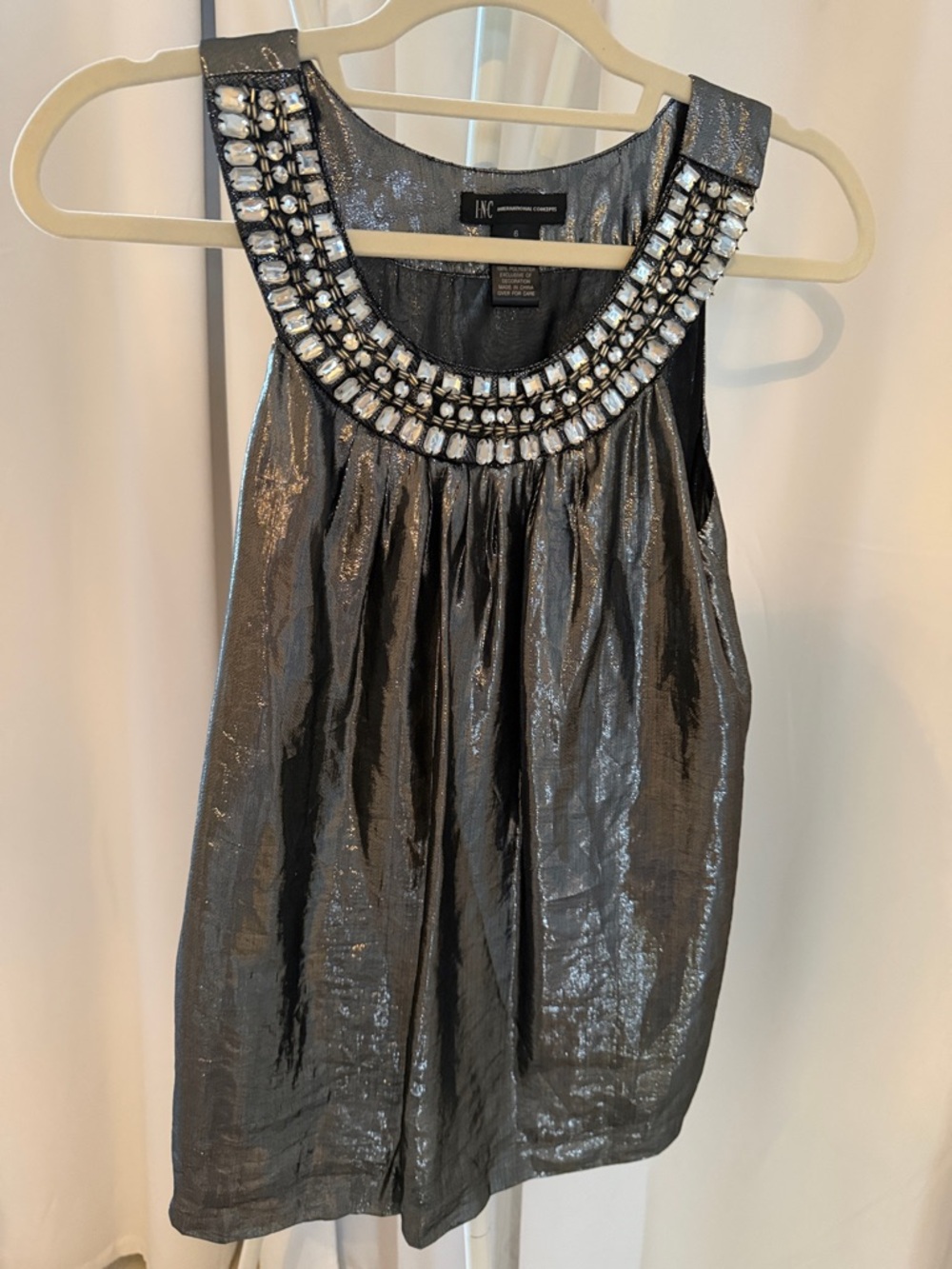 INC International Concepts Metallic Silver Jeweled Neckline Camisole